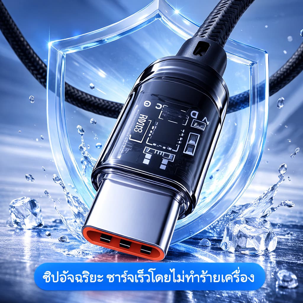 สายชาร์จเร็ว 120W สายถักมีจอ LED บอกวัตต์ ดีไซน์โปร่งใส ชาร์จไว Type-C / L 1m 2m รูปที่ 3