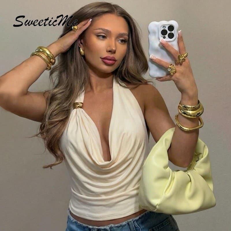 SweeticMe เสื้อสตรี แฟชั่นเซ็กซี่ halter camisole คอวีลึก สไตล์ไม่สม่ำเสมอ รูปที่ 4