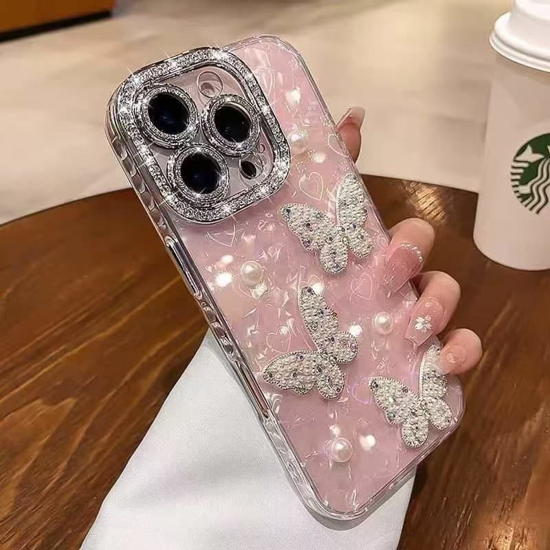IMD Love เลเซอร์เคสโทรศัพท์สําหรับ iPhone 17 15 16 14 13 12 11 Pro Max แฟชั่น 3D Pearl Butterfly ฝาครอบป้องกัน รูปที่ 6