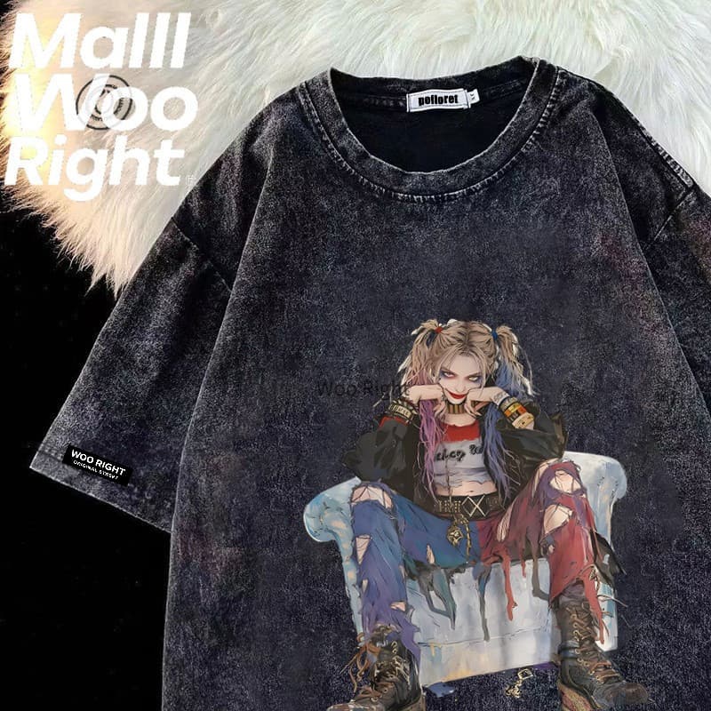 HY เสื้อยืดฟอก oversize ผ้าฝ้าย100% โอเวอร์ไซซ์ สีดําเข้ม เรโทร เสื้อฟอกวินเทจ#T1678 รูปที่ 4