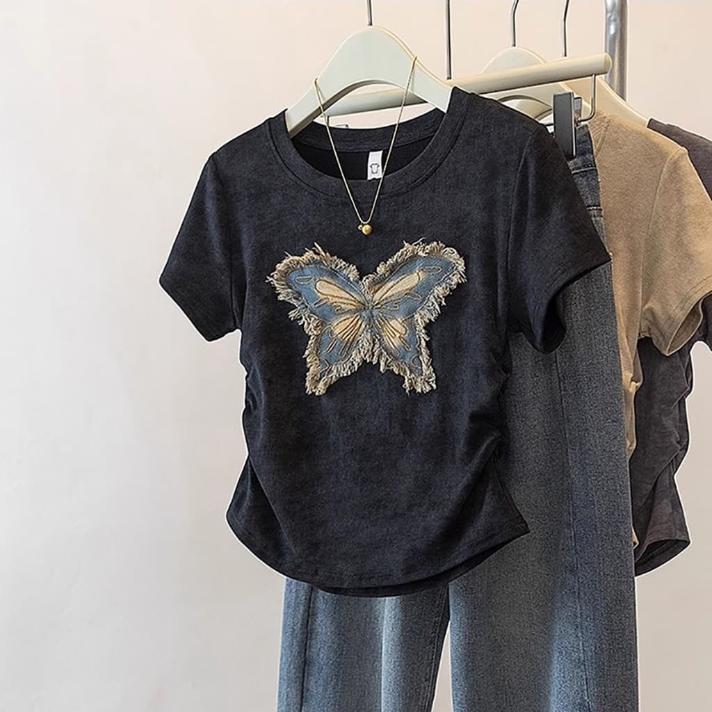 เสื้อยืดแขนสั้นลายจีบแบบเกาหลี,เสื้อยืดผู้หญิง คอกลม เข้ารูป ใส่สบาย รูปที่ 3