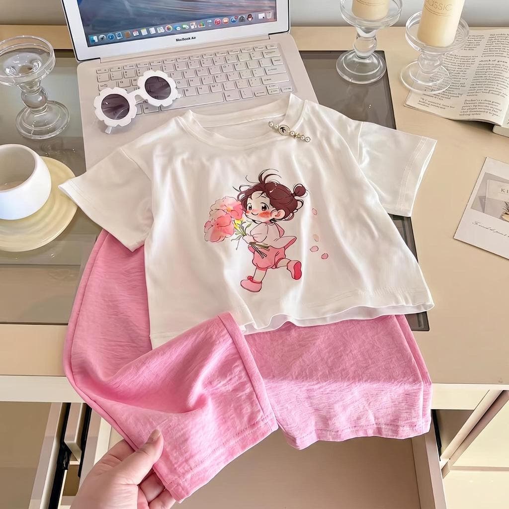 Dolemi Baby ชุดเซตเด็กหญิง ลายเด็กน่ารัก ถือดอกไม้ สีฟ้า เหลือง ชมพู เสื้อ+กางเกง 80-160CM รูปที่ 4