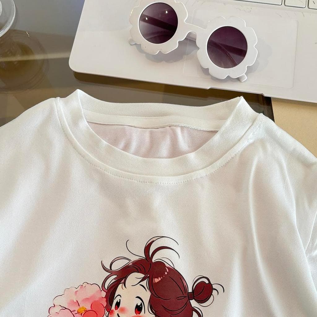 Dolemi Baby ชุดเซตเด็กหญิง ลายเด็กน่ารัก ถือดอกไม้ สีฟ้า เหลือง ชมพู เสื้อ+กางเกง 80-160CM รูปที่ 8