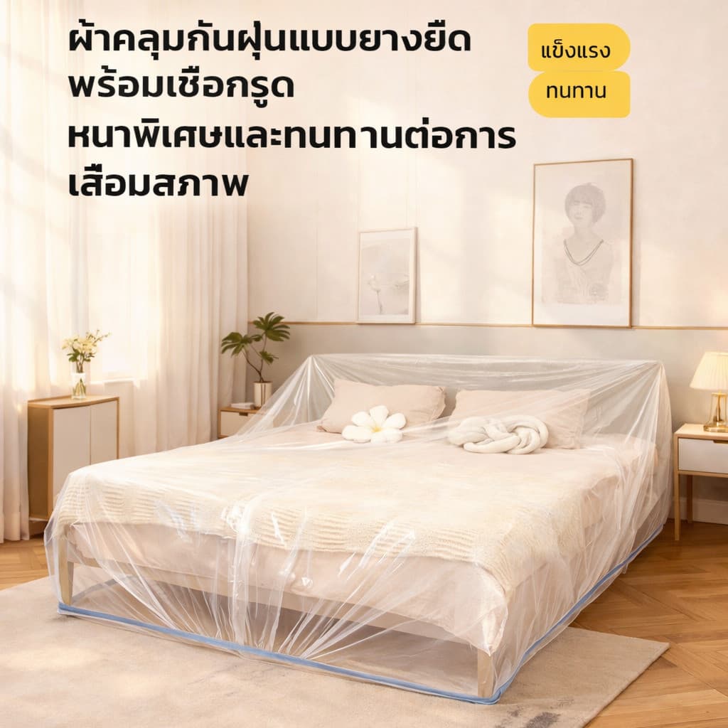PPH ผ้าคลุมกันฝุ่นแบบรูดสายขนาดใหญ่และหนา ถุงพลาสติกใสคลุมเตียง ผ้าคลุมเฟอร์นิเจอร์ รูปที่ 6