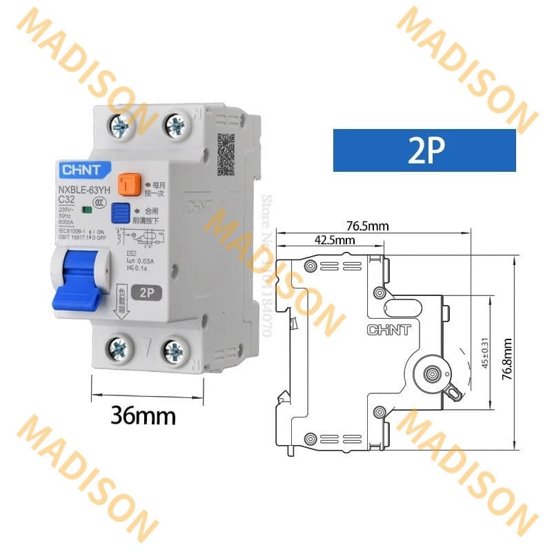 Chint 30mA 100mA 300mA RCBO 10A 16A 20A 25A 32A 40A 63A NXBLE-63YH ประเภท C 1PP + N 2P 3P + N 4P 230V Residual Current ดําเนินการ Circuit Breaker รูปที่ 5