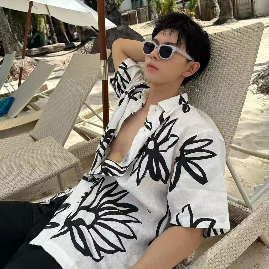 MEFEEE เสื้อโปโลผู้ชาย คอคิวบา ผ้าฝ้ายพรีเมียม ลายดอกไม้สไตล์วินเทจเกาหลี ระบายอากาศได้ ใส่สบาย รูปที่ 3