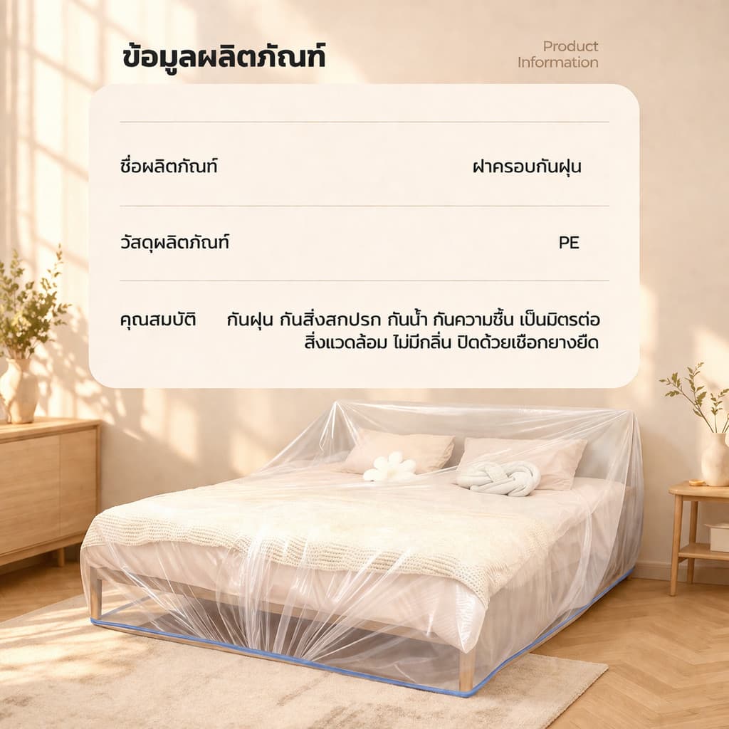 PPH ผ้าคลุมกันฝุ่นแบบรูดสายขนาดใหญ่และหนา ถุงพลาสติกใสคลุมเตียง ผ้าคลุมเฟอร์นิเจอร์ รูปที่ 9