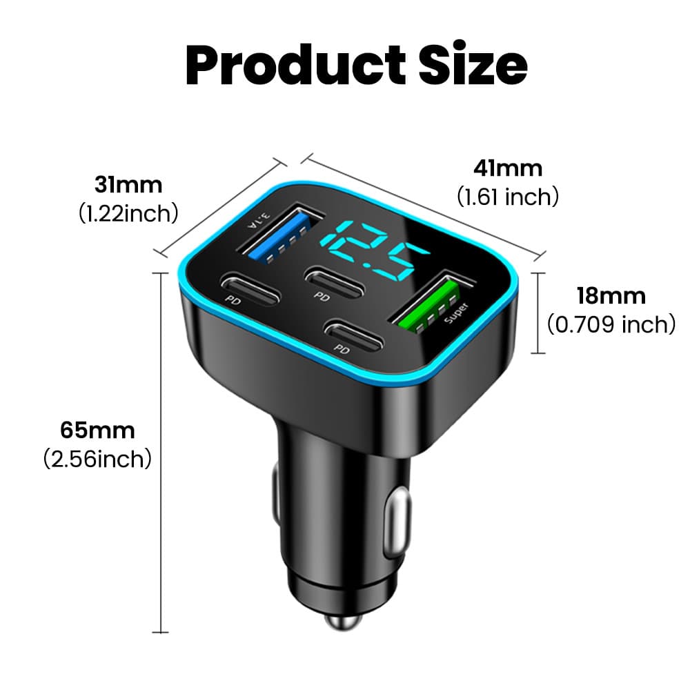 ที่ชาร์จในรถยนต์แบบ 5 พอร์ต 66W ชาร์จเร็ว 2USB 3Type C PD QC3.0 อะแดปเตอร์ชาร์จโทรศัพท์ในรถ รูปที่ 8