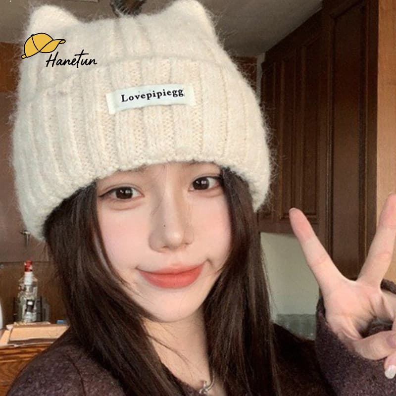 COD หมวกกันหนาวสไตล์เกาหลีสำหรับผู้หญิง ทำจากไหมพรม ดีไซน์น่ารักด้วยหูแมว รูปที่ 4