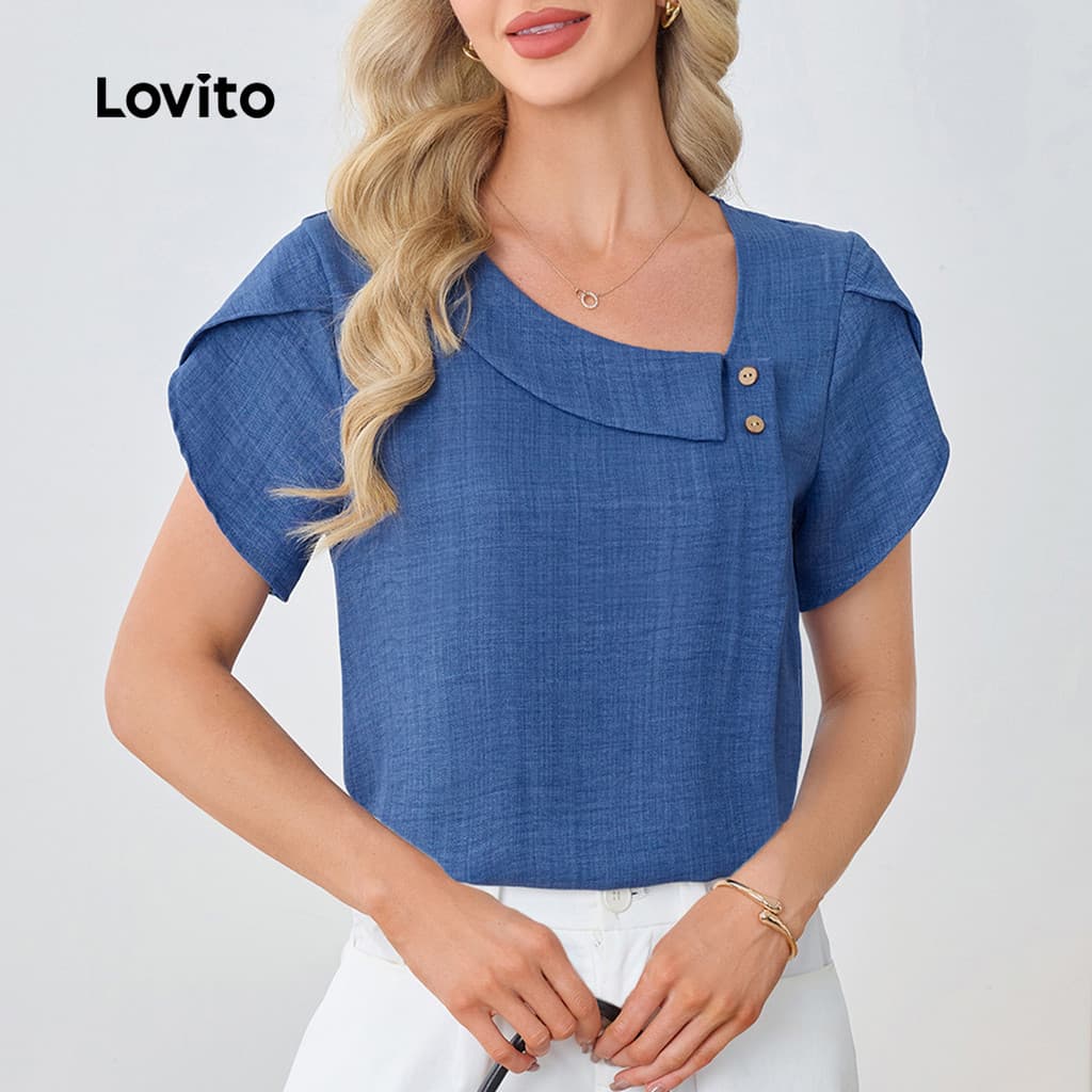 Lovito เสื้อเบลาส์ผู้หญิงสีน้ําเงินแบบ กระดุมเก๋ไก๋ เหมาะสําหรับฤดูใบไม้ผลิ/ฤดูร้อน L34LD036 รูปที่ 3