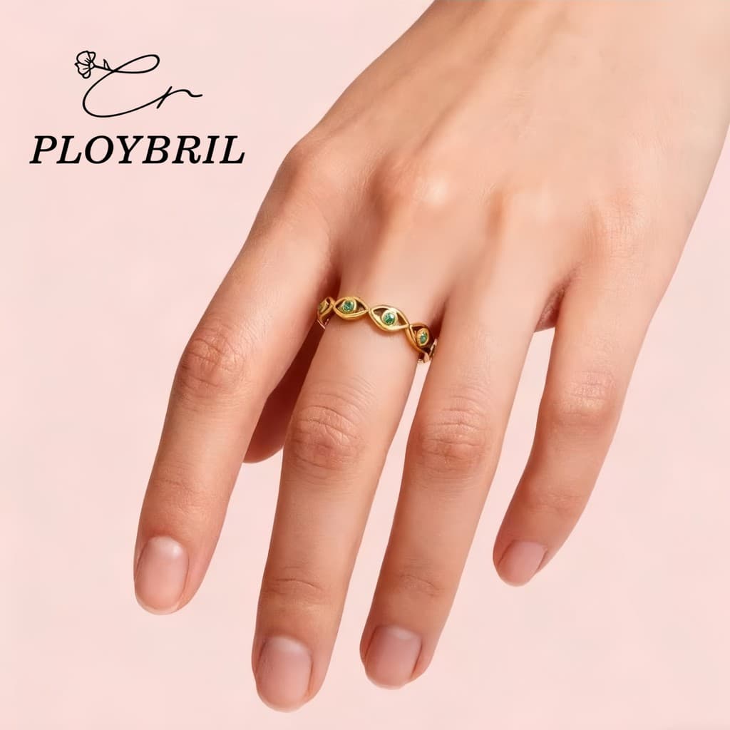 PLOYBRIL แหวนตาปิศาจเคลือบทองคำ 18K ฝังหินซิทรอน สำหรับหญิง ไม่อักเสบ สีไม่ตก J010 รูปที่ 4