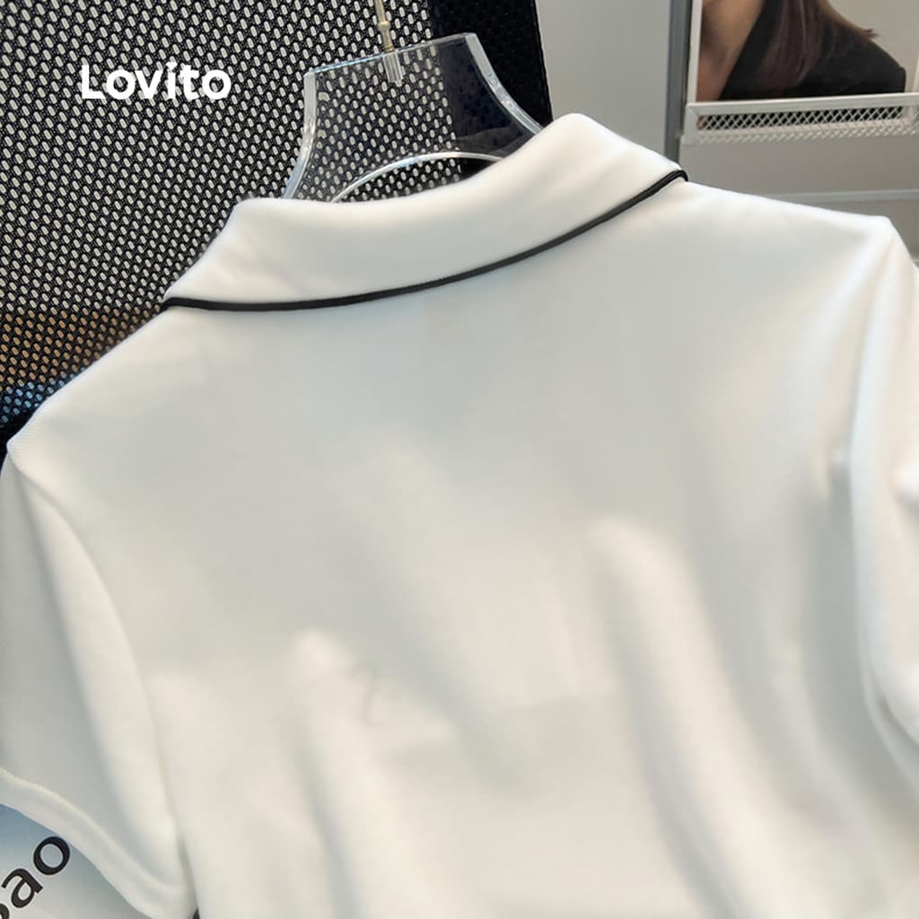 Lovito เสื้อยืดแคชชวลสีขาวสำหรับผู้หญิง ดีไซน์ตัดกัน สำหรับฤดูใบไม้ผลิ/ฤดูร้อน LNE109D004 รูปที่ 4