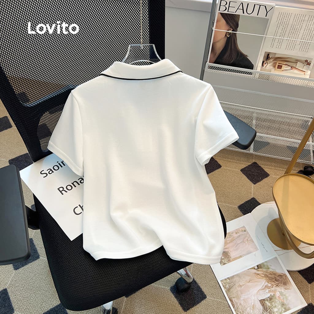 Lovito เสื้อยืดแคชชวลสีขาวสำหรับผู้หญิง ดีไซน์ตัดกัน สำหรับฤดูใบไม้ผลิ/ฤดูร้อน LNE109D004 รูปที่ 2