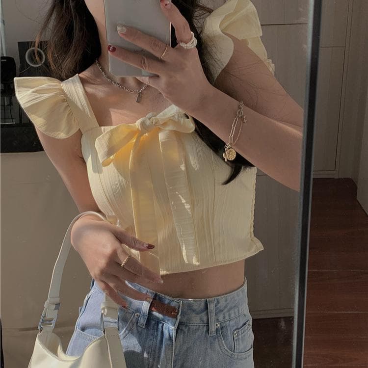 เสื้อครอปคอกลมแขนกุด แต่งโบว์ แขนระบาย คอเหลี่ยม สไตล์ฝรั่งเศส สุดน่ารัก รูปที่ 5