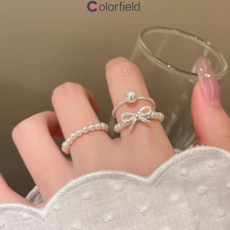 Colorfield เซต 3 ชิ้น แหวน ประดับโบว์ ประดับไข่มุก หรูหราแสง ละเอียดอ่อน ผู้หญิงที่ เครื่องประดับแฟชั่น-COD รูปที่ 3