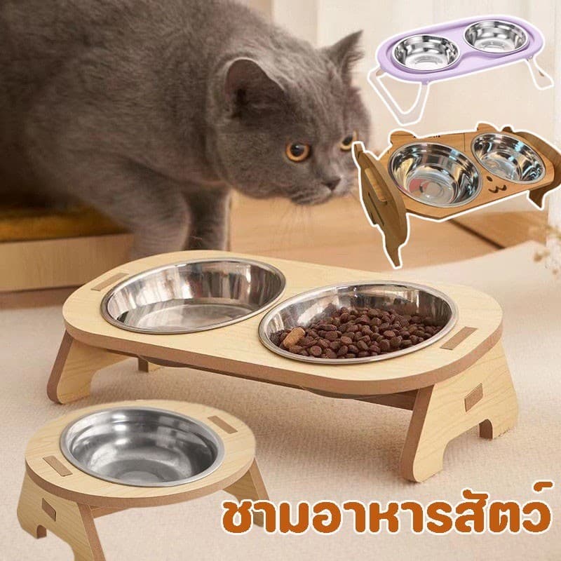 ชามอาหารสัตว์เลี้ยง ชามอาหารสัตว์ ใส่อาหารหมา แมว ชามเอียง ตัวฐานเป็นไม้ ชามสแตนเลส รูปที่ 2