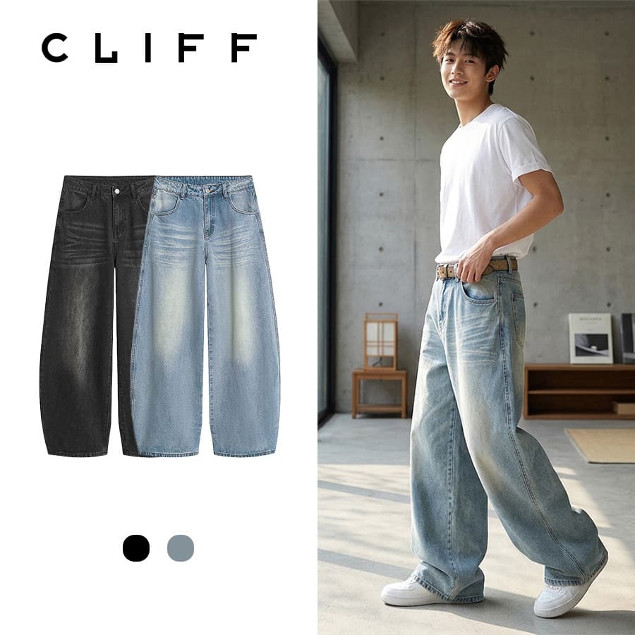 CLIFF กางเกงยีนส์ขากว้างสุดๆ ดีไซน์วินเทจสไตล์เกาหลี ทรงโอเวอร์ไซส์ แฟชั่นสตรีทสำหรับชายหญิง รูปที่ 1