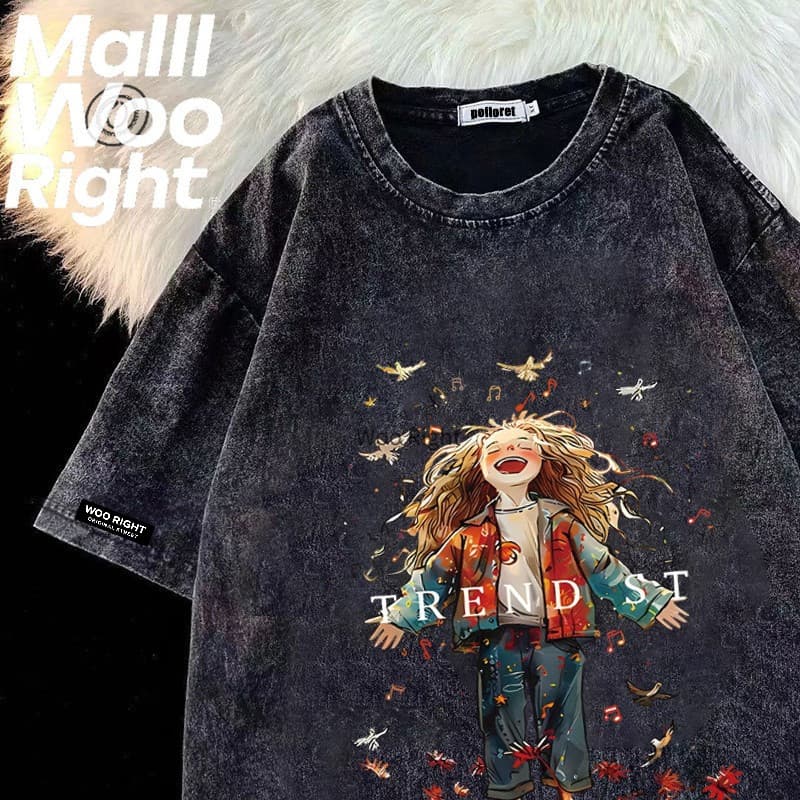 HY เสื้อยืดฟอก oversize ผ้าฝ้าย100% โอเวอร์ไซซ์ สีดําเข้ม เรโทร เสื้อฟอกวินเทจ#T1678 รูปที่ 2