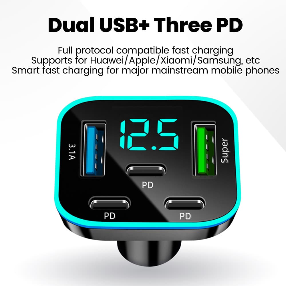 ที่ชาร์จในรถยนต์แบบ 5 พอร์ต 66W ชาร์จเร็ว 2USB 3Type C PD QC3.0 อะแดปเตอร์ชาร์จโทรศัพท์ในรถ รูปที่ 7