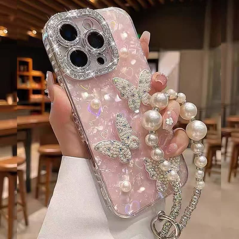 IMD Love เลเซอร์เคสโทรศัพท์สําหรับ iPhone 17 15 16 14 13 12 11 Pro Max แฟชั่น 3D Pearl Butterfly ฝาครอบป้องกัน รูปที่ 1