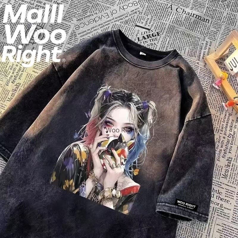 HY เสื้อยืดฟอก oversize ผ้าฝ้าย100% โอเวอร์ไซซ์ สีดําเข้ม เรโทร เสื้อฟอกวินเทจ#T1678 รูปที่ 5