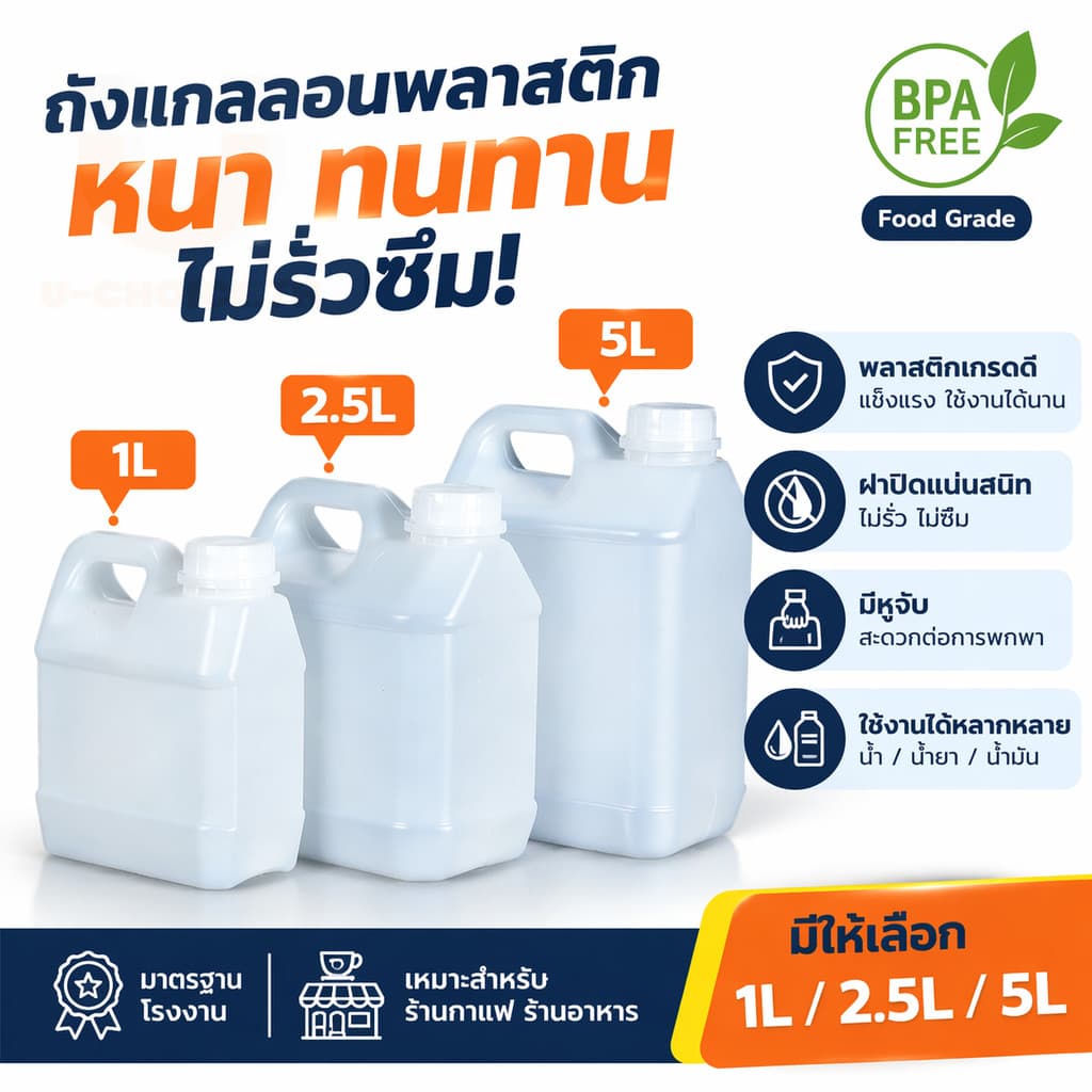 1/2.5/5L แกลลอนพลาสติก พร้อมฝาปิด ขวดใส่น้ำมัน ขวดเก็บของเหลว น้ำ น้ำยาซักผ้า สบู่ ใช้ในบ้านและอุตสาหกรรม ทนต่อการกัดกร่อน รูปที่ 1