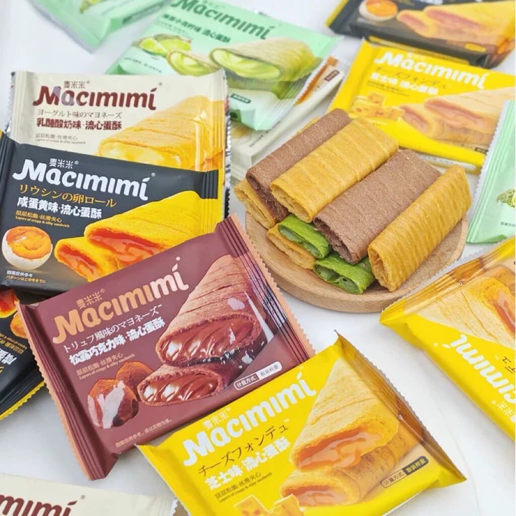 พร้อมส่ง ขนมนำเข้าจากจีน Macimimi โรลกรอบแผ่นบาง สอดไส้ครีมเนียนนุ่ม หลากหลายรสชาติ