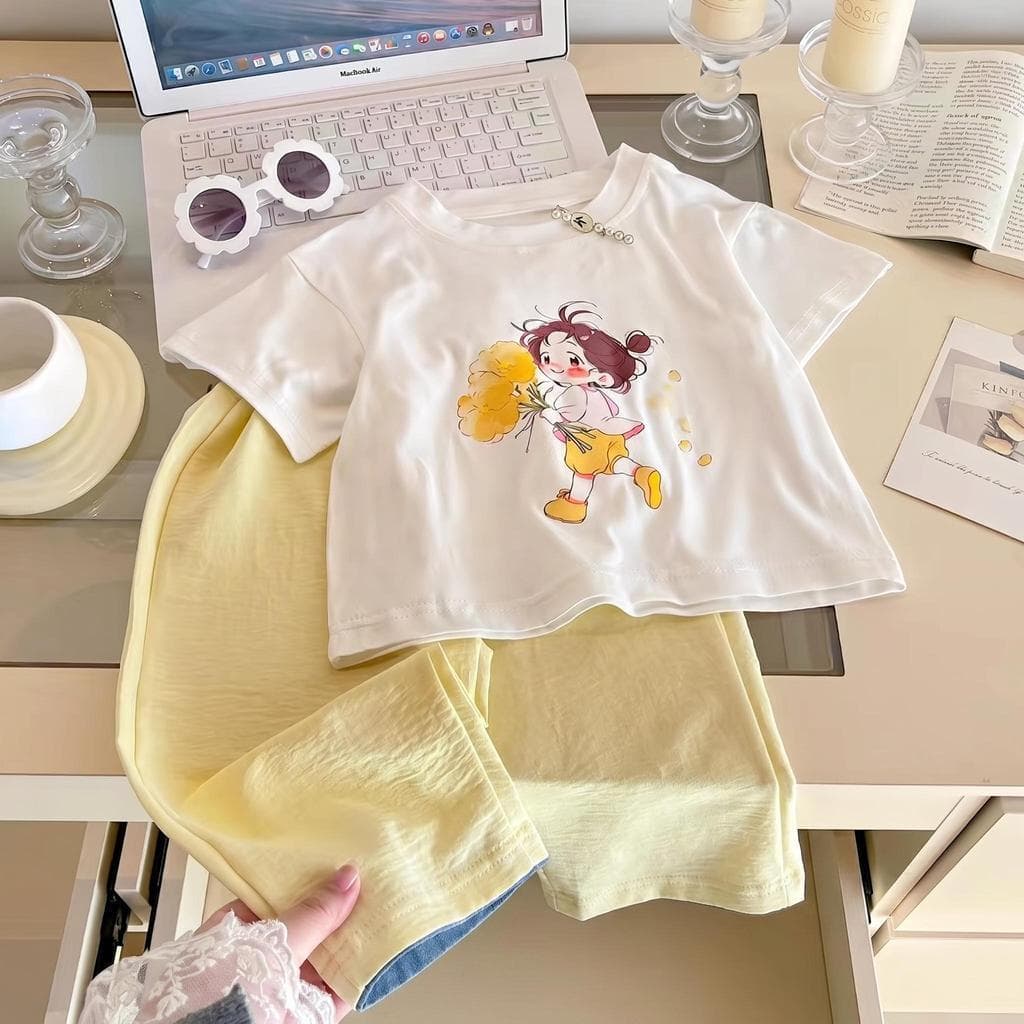 Dolemi Baby ชุดเซตเด็กหญิง ลายเด็กน่ารัก ถือดอกไม้ สีฟ้า เหลือง ชมพู เสื้อ+กางเกง 80-160CM รูปที่ 3