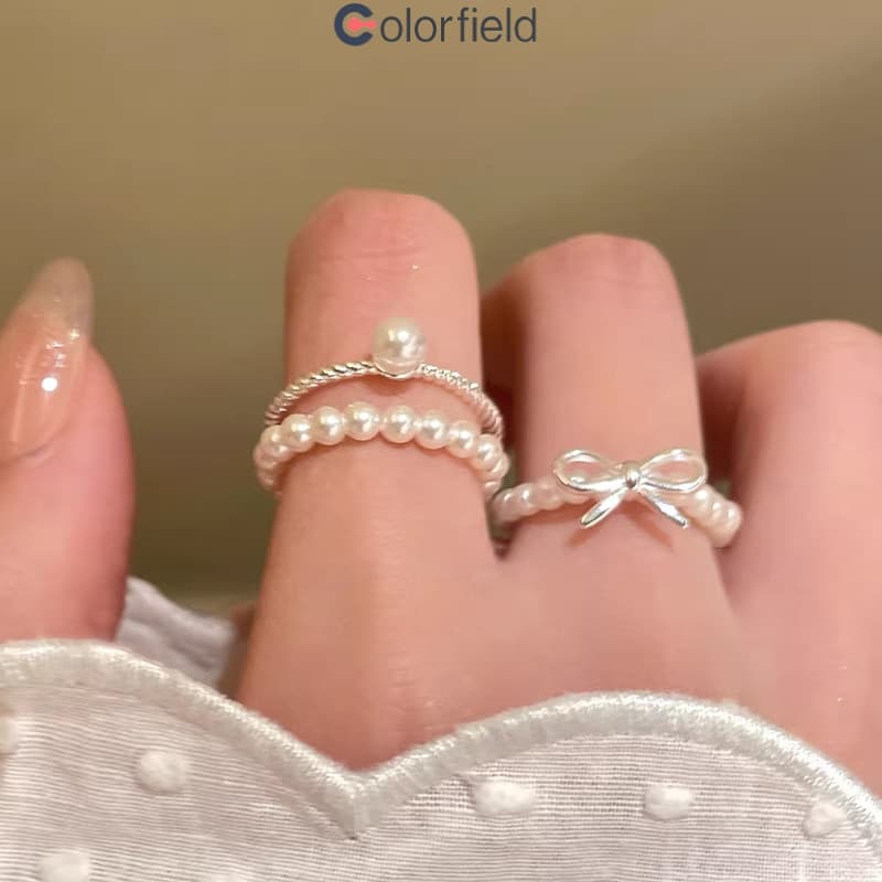 Colorfield เซต 3 ชิ้น แหวน ประดับโบว์ ประดับไข่มุก หรูหราแสง ละเอียดอ่อน ผู้หญิงที่ เครื่องประดับแฟชั่น-COD รูปที่ 2