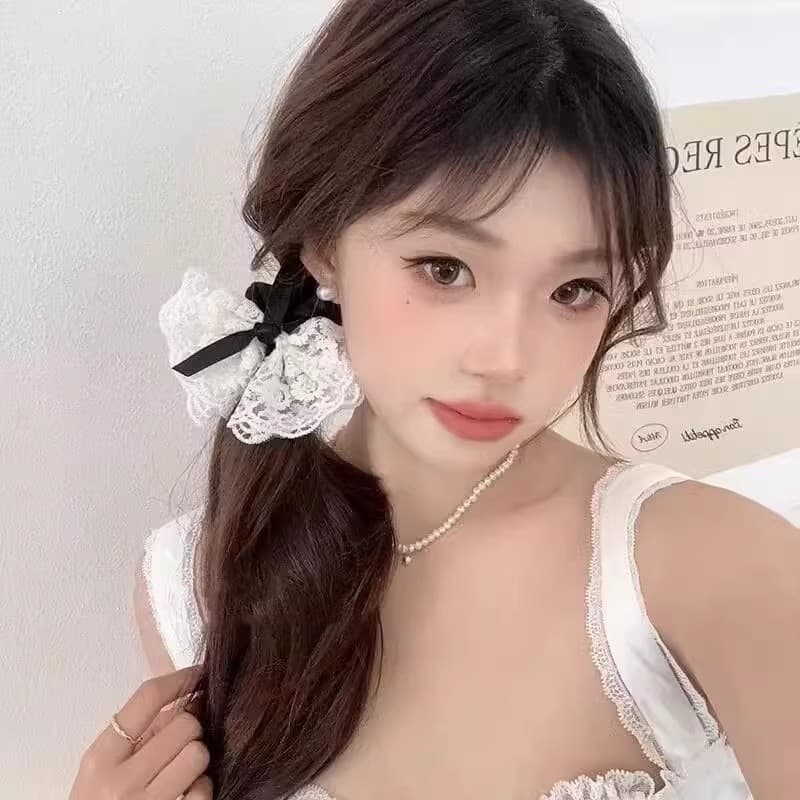 ยางรัดผมโบว์ลูกไม้สีขาว/เครื่องประดับผมสไตล์เกาหลี สไตล์ใหม่สำหรับเด็กผู้หญิง ทำจากผ้า รูปที่ 9