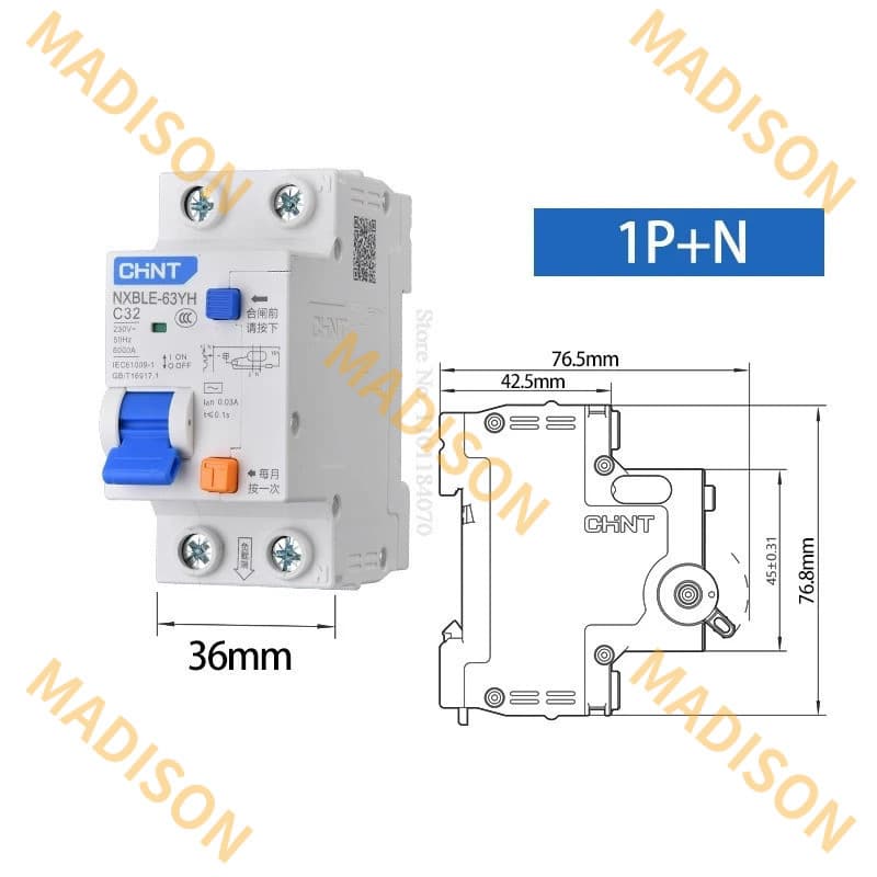 Chint 30mA 100mA 300mA RCBO 10A 16A 20A 25A 32A 40A 63A NXBLE-63YH ประเภท C 1PP + N 2P 3P + N 4P 230V Residual Current ดําเนินการ Circuit Breaker รูปที่ 4