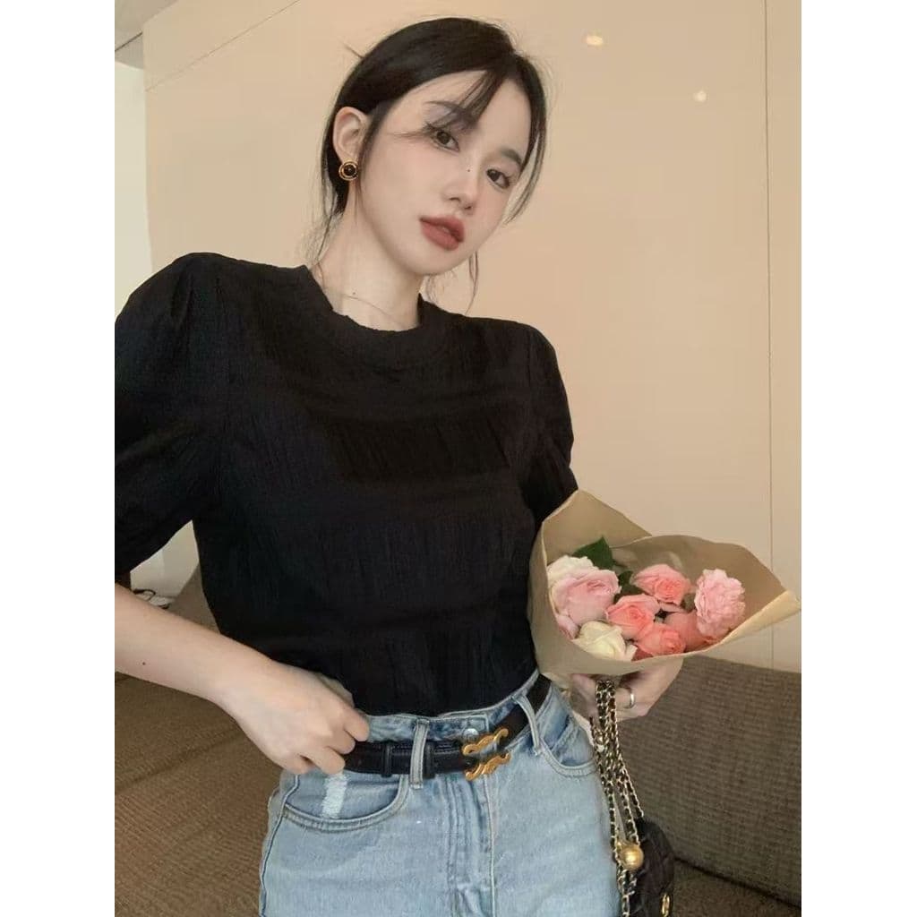 Dahong เสื้อแขนสั้นสำหรับผู้หญิงสไตล์เกาหลี ทรงหลวม แขนพอง ใส่แล้วจะดูดีขึ้นไปอีก w695 รูปที่ 5