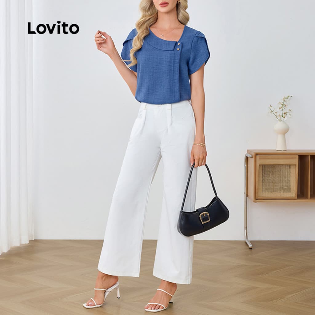 Lovito เสื้อเบลาส์ผู้หญิงสีน้ําเงินแบบ กระดุมเก๋ไก๋ เหมาะสําหรับฤดูใบไม้ผลิ/ฤดูร้อน L34LD036 รูปที่ 4
