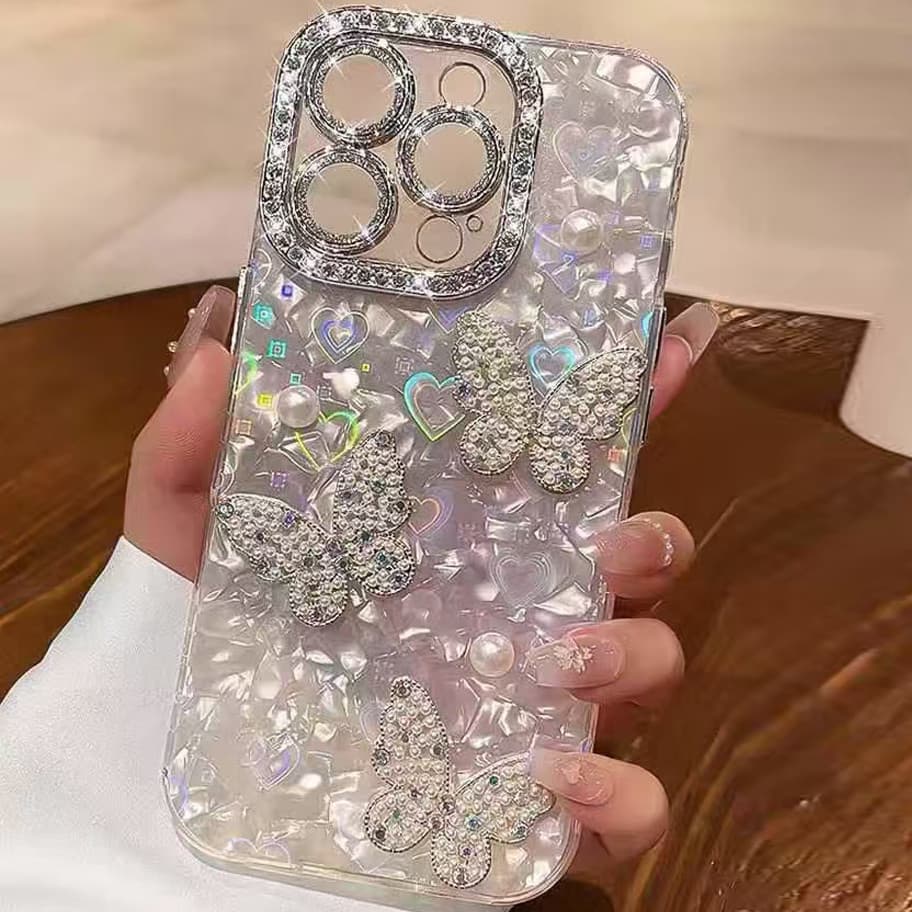 IMD Love เลเซอร์เคสโทรศัพท์สําหรับ iPhone 17 15 16 14 13 12 11 Pro Max แฟชั่น 3D Pearl Butterfly ฝาครอบป้องกัน รูปที่ 8