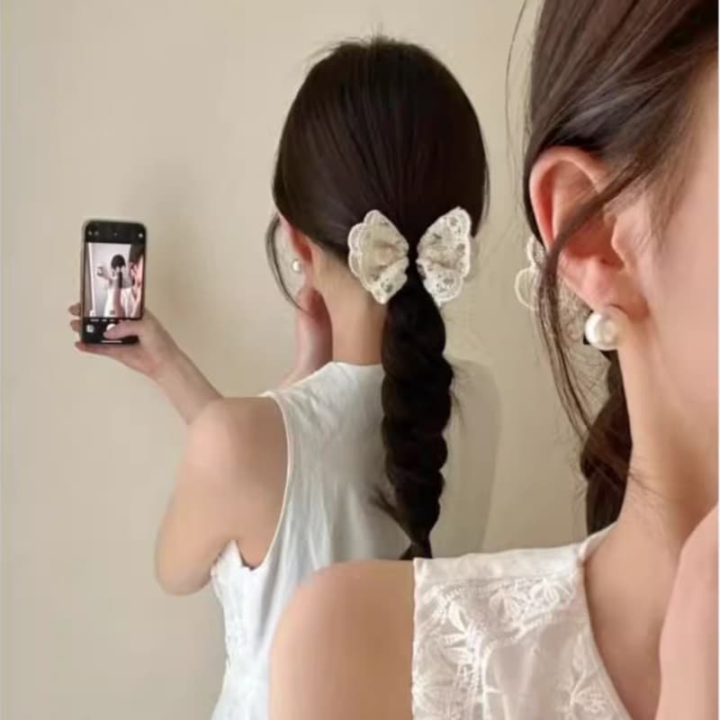 ยางรัดผมโบว์ลูกไม้สีขาว/เครื่องประดับผมสไตล์เกาหลี สไตล์ใหม่สำหรับเด็กผู้หญิง ทำจากผ้า รูปที่ 4