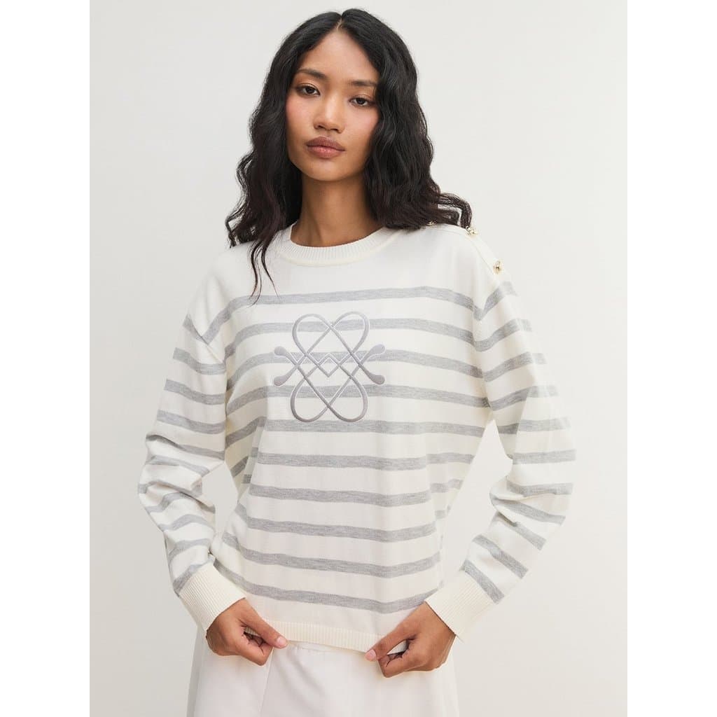 เสื้อไหมพรมลายทางติดกระดุมที่ไหล่ / Striped Button Shoulder Knit Top รูปที่ 1