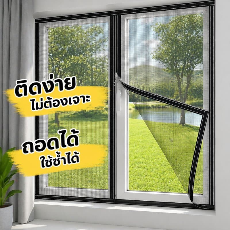 มุ้งติดหน้าต่าง มุ้งกันยุง ซิปเปิดปิด ตาข่ายนาโน กาวในตัว ติดง่าย ใช้ซ้ำ กันแมลง ขอบแม่เหล็ก รูปที่ 1