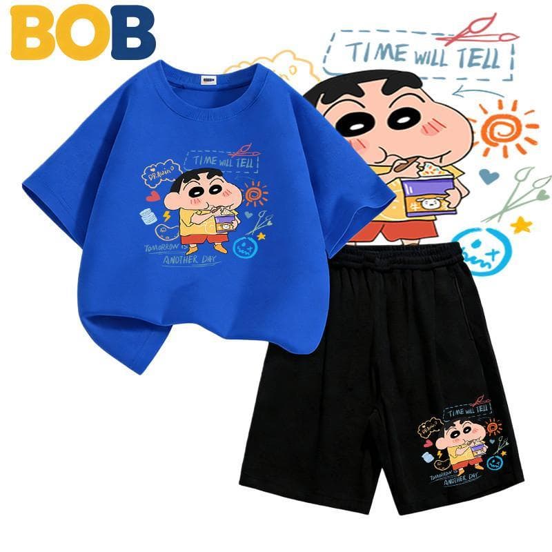 2ชิ้น ชุดแฟชั่นเด็ก ชินจัง Shinchan ลายการ์ตูน NASA เสื้อยืดแขนสั้น+กางเกงขาสั้น สำหรับเด็กอายุ 1-14ปี+（ รูปที่ 2