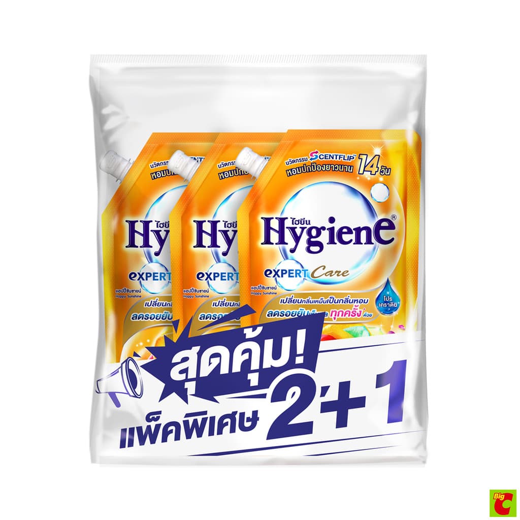 ไฮยีน เอ็กซ์เพิร์ท แคร์ น้ำยาปรับผ้านุ่มสูตรเข้มข้นพิเศษ กลิ่นแฮปปี้ซันชายน์ 480 มล. แพ็ค 2+1 รูปที่ 1