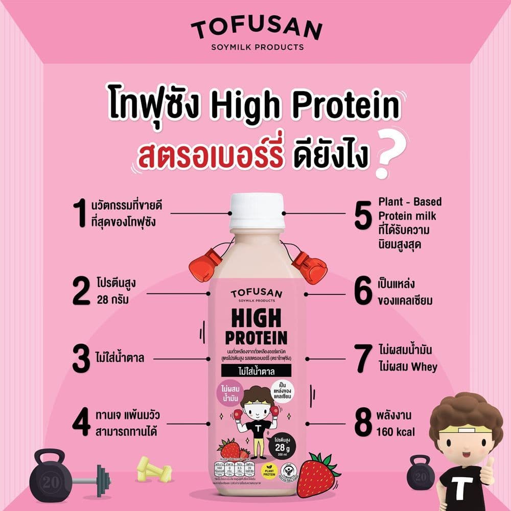 โทฟุซัง นมถั่วเหลืองโปรตีนสูง น้ำตาล0% สตรอเบอร์รี่ 350 มล. TOFUSAN HIGH PROTEIN SOY MILK 0% SUGAR STRAWBERRY รูปที่ 2