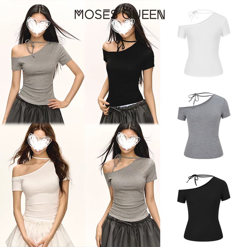 MOSESQUEEN เสื้อยืดแขนสั้นสายเดี่ยว คอวี สไตล์หวานและเผ็ดสำหรับผู้หญิง เข้ารูปและเซ็กซี่ #63639 รูปที่ 5