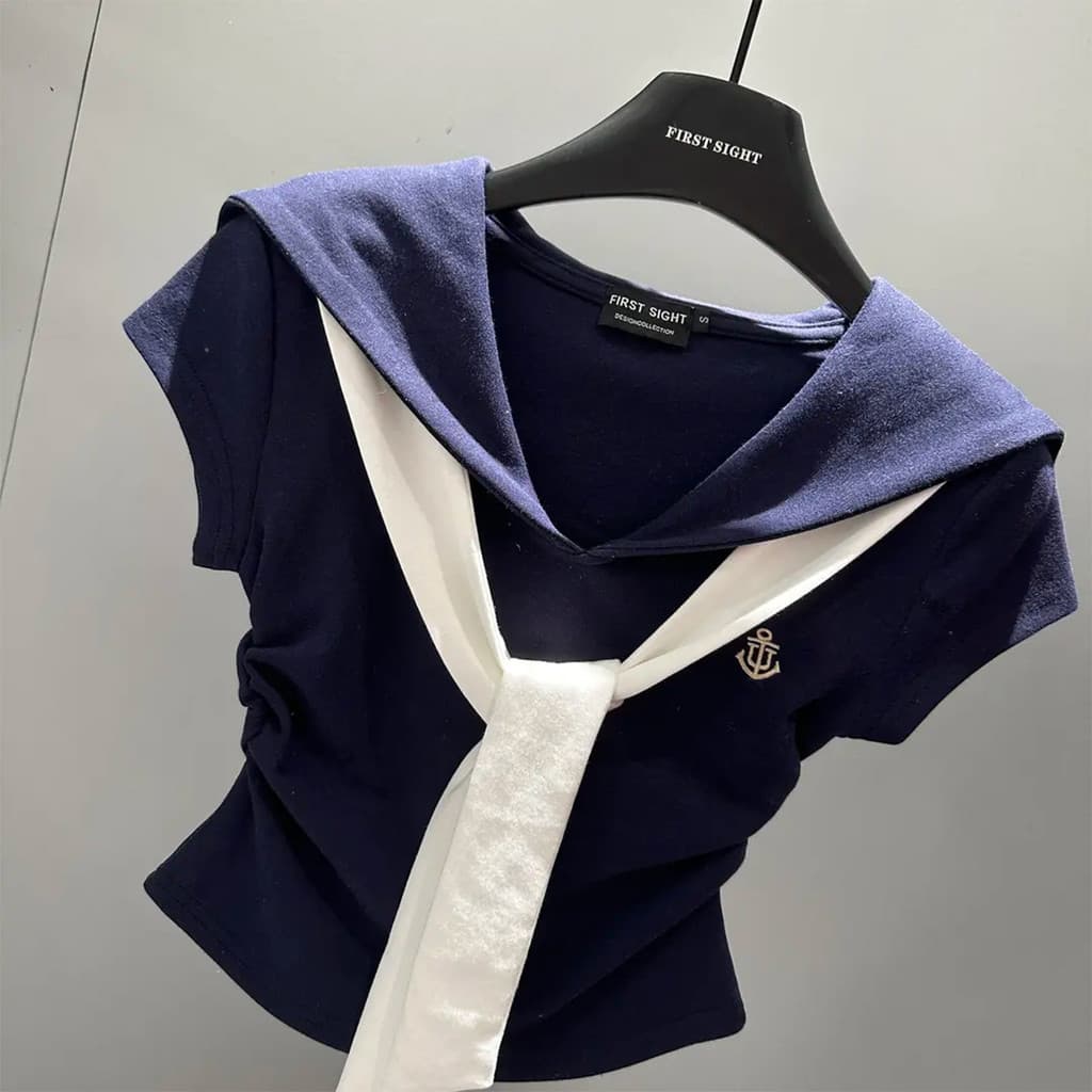 สไตล์เกาหลี Preppy สไตล์ปลอมสองชิ้นแขนสั้นเสื้อยืด 2026 ผู้หญิงออกแบบแฟชั่น Slim-Fit Slimmer ดู Niche ใหม่ รูปที่ 3