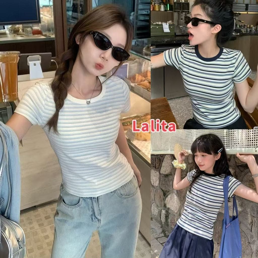 Lalita จากไทย เสื้อยืดลายริ้วคอกลม ฟีลสาวเกาหลี ทรงรัดรูปเบาๆ ใส่เที่ยวคาเฟ่น่ารักมาก รูปที่ 1