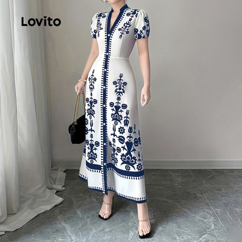 Lovito สง่างาม เดรสผู้หญิงสไตล์รีสอร์ทฤดูร้อนสีฟ้าขาว LK4LD325 รูปที่ 4