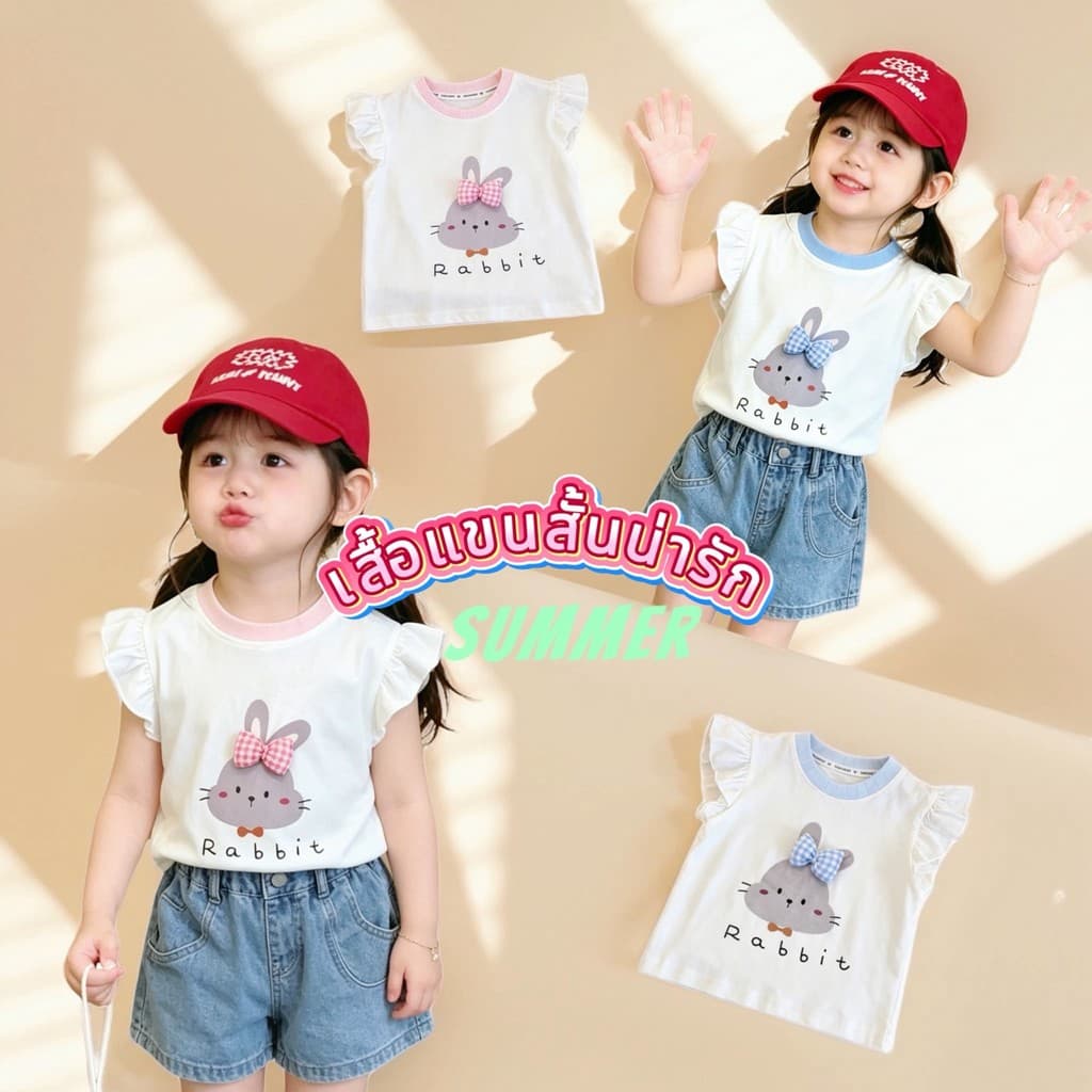 เสื้อยืดแขนสั้นเด็ก พิมพ์ลายกระต่าย ติดโบว์ น่ารักๆ สไตล์ฤดูร้อน เหมาะสำหรับเด็กผู้หญิง รูปที่ 4