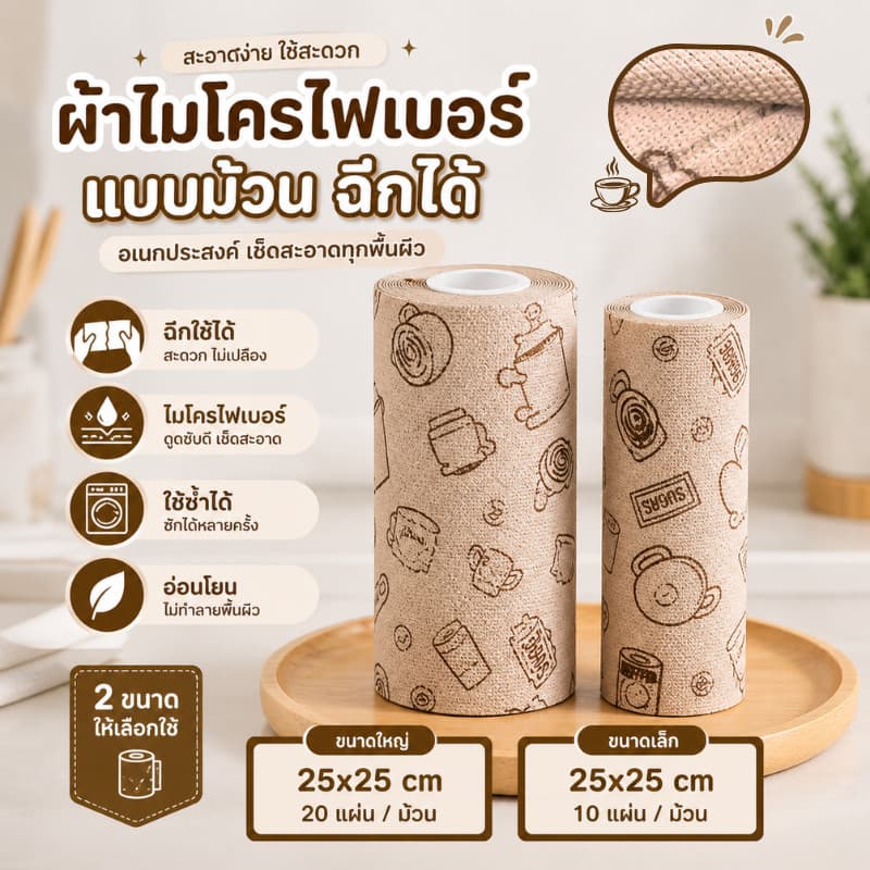 ผ้าไมโครไฟเบอร์ แบบม้วน ฉีกได้ 25x25cm ผ้าทำความสะอาดแบบม้วน เช็ดครัวเช็ดบ้าน อเนกประสงค์ รูปที่ 1