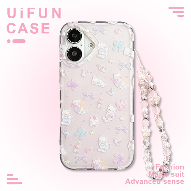 น่ารักผีเสื้อ Bowknot Cat Hard PC โทรศัพท์มือถือสําหรับ iPhone 17 16 15 14 13 Pro Max 17Pro พร้อมโซ่กันกระแทก IMD ปลอกมือถือ รูปที่ 1