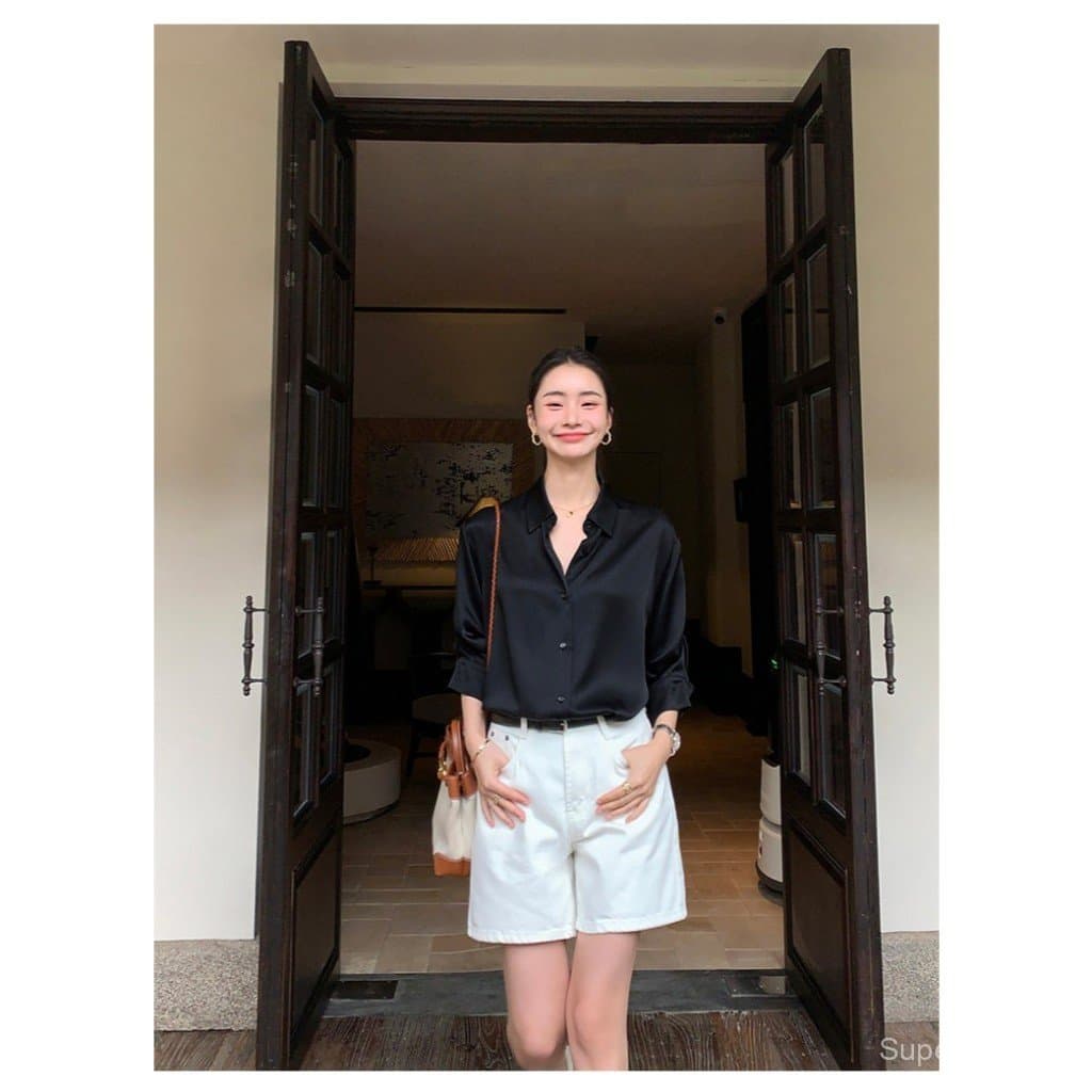 SuperCandyเสื้อเชิ้ตผ้าซาตินสไตล์ฝรั่งเศส ผู้หญิง แขนยาว7ส่วน ดีไซน์เก๋ไม่เหมือนใคร ใส่ช่วงฤดูร้อนสวยมาก รูปที่ 7