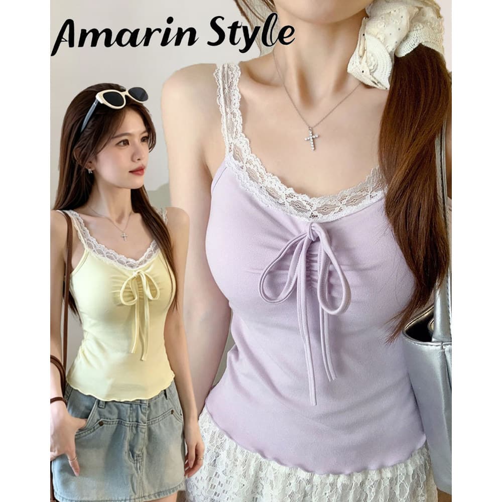 Amarin เสื้อสายเดี่ยว แต่งสายลูกไม้ โบว์อกสวย มีฟองน้ำในตัว น่ารัก สไตล์เกาหลี FY6209 รูปที่ 1