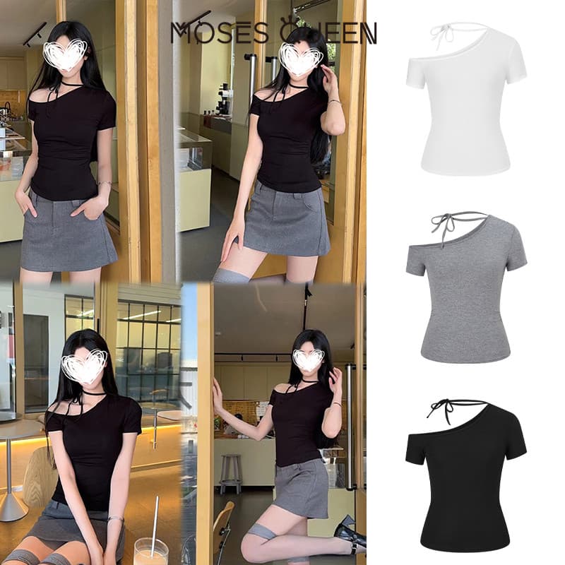 MOSESQUEEN เสื้อยืดแขนสั้นสายเดี่ยว คอวี สไตล์หวานและเผ็ดสำหรับผู้หญิง เข้ารูปและเซ็กซี่ #63639 รูปที่ 7